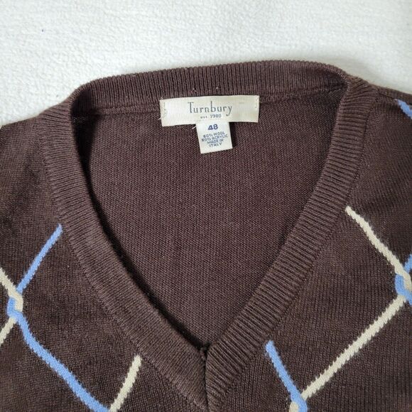 Turnbury Sweater Mens Size 48 Extra Fine Merino Wool V-Neck Pullover Brown Italy - Picture 12 of 16